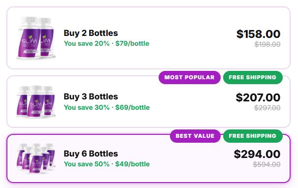 Slim Metrix Dietary Supplement pricing packages — 1 bottle, 3 bottles, 6 bottles